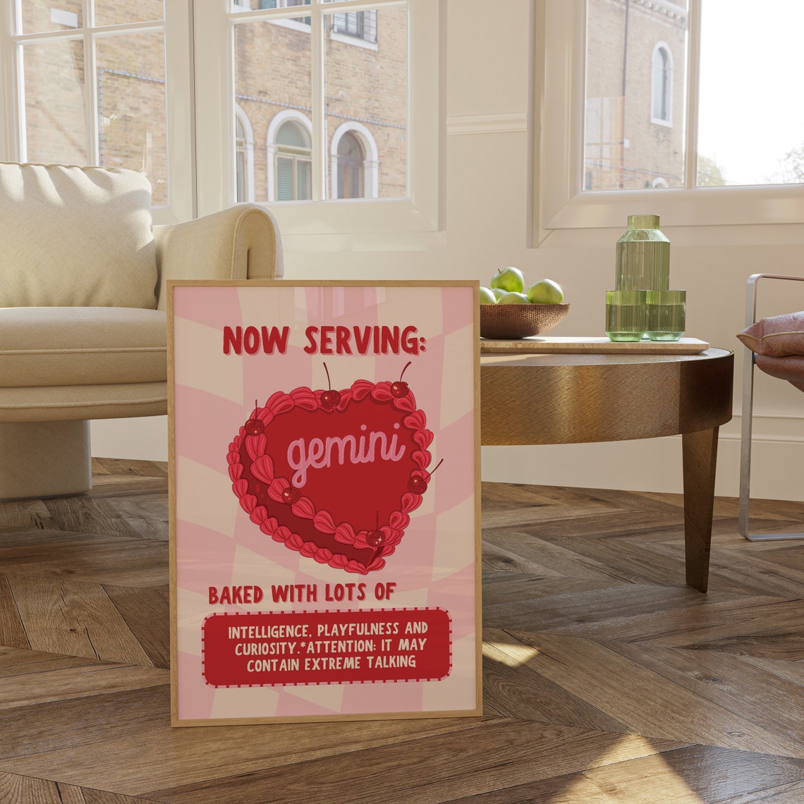 Now Serving Gemini Cake Red Cherry Heart Pink Checkerboard Print - Image 4