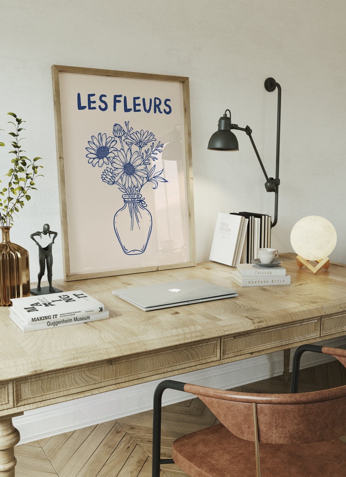 Les Fleurs Navy Daisy Bouquet in Small Glass Vase Line Art Poster - Image 2
