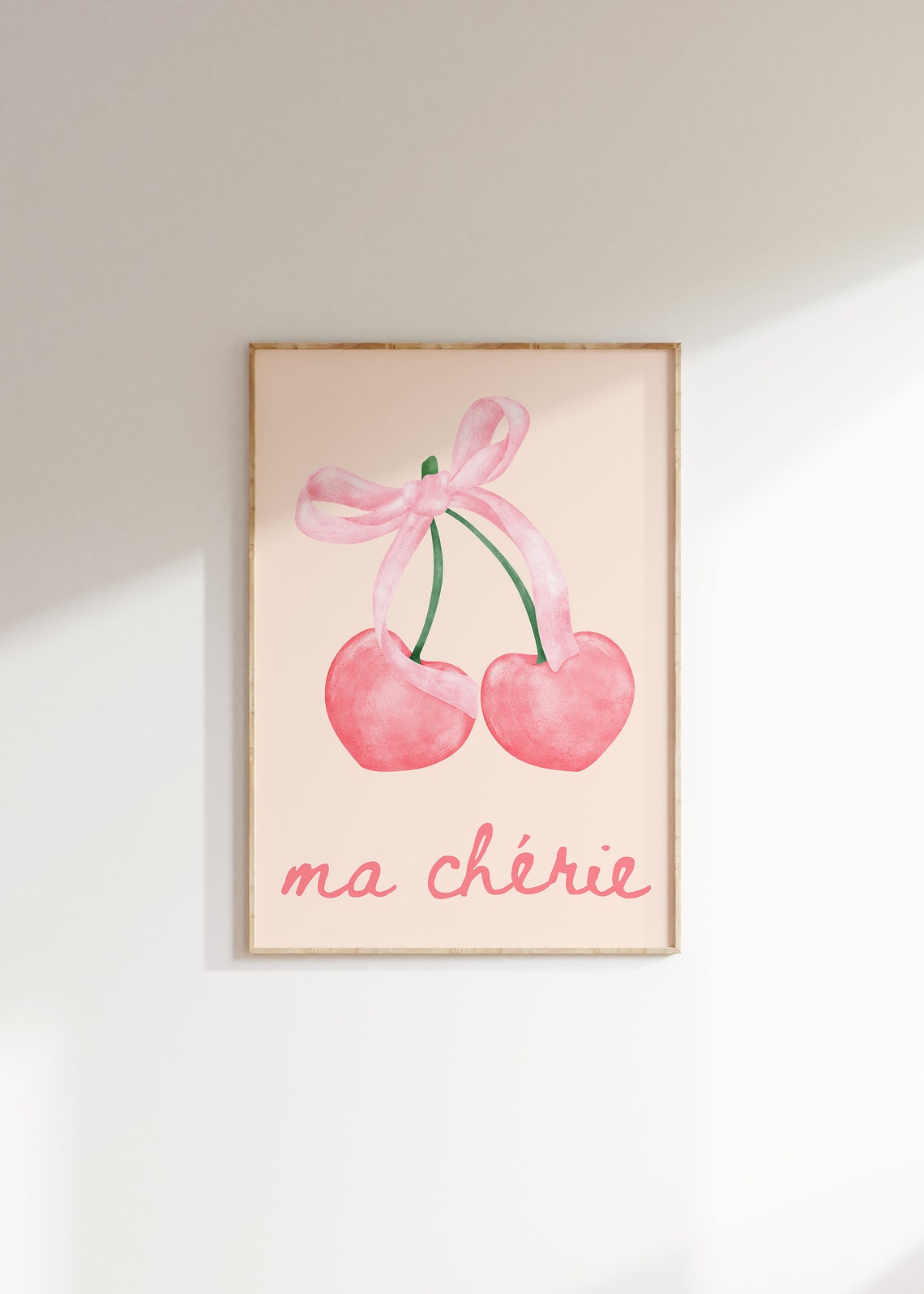 Ma Cherie Pink Watercolor Cherries With Bow Coquette Wall Art