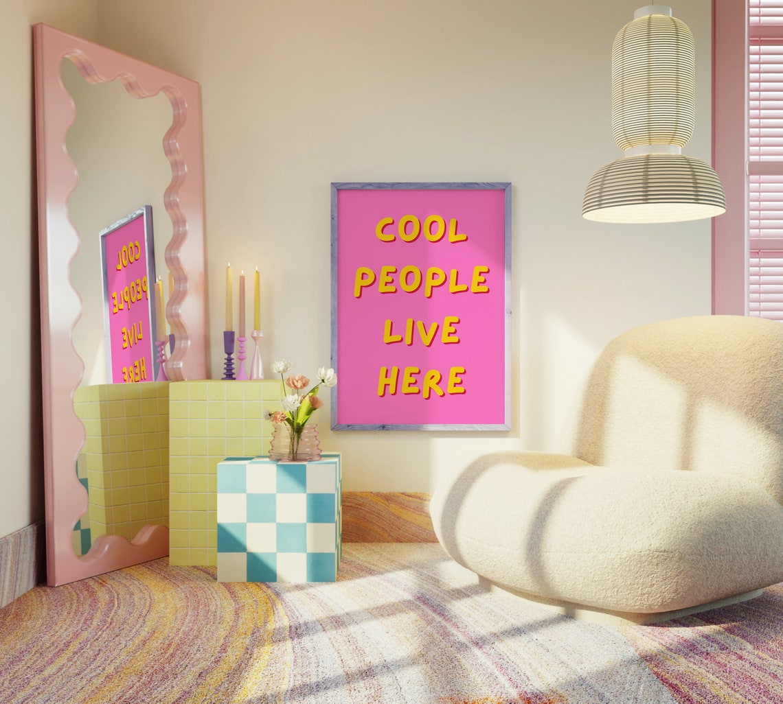 Cool People Live Here Bright Yellow On Pink Typography Wall Art - Image 5