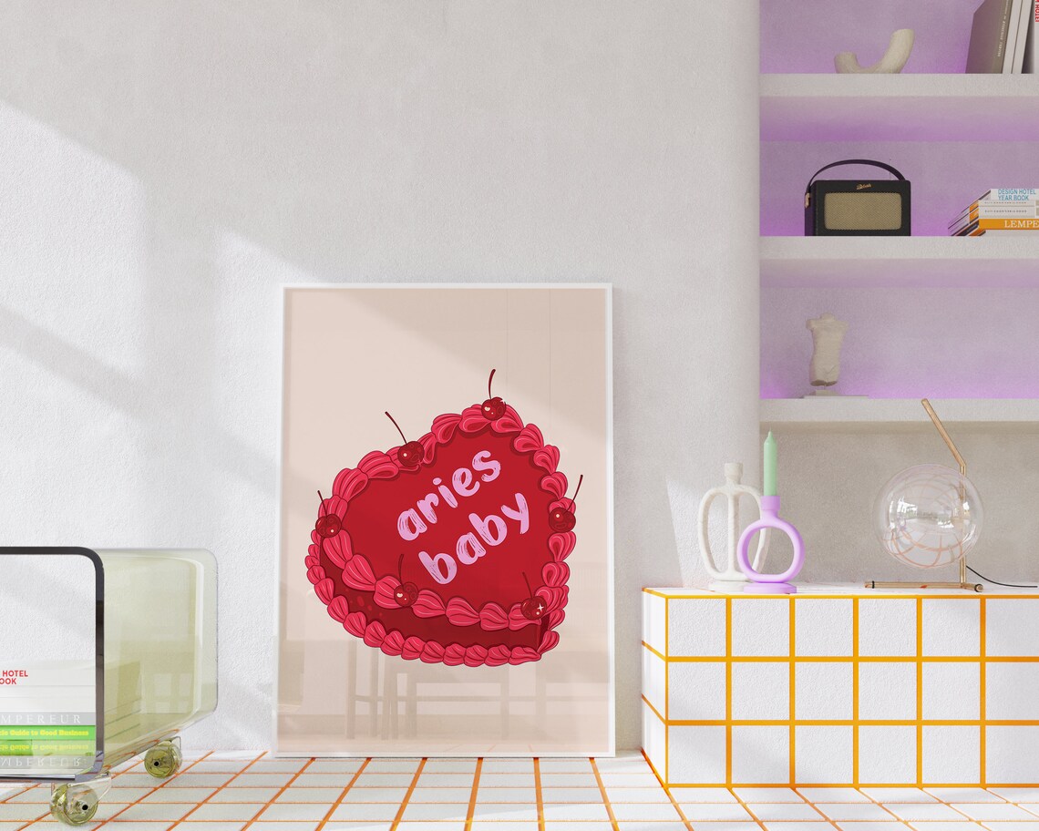 Aries Baby Red Vintage Heart Cake With Cherries Zodiac Wall Art - Image 6