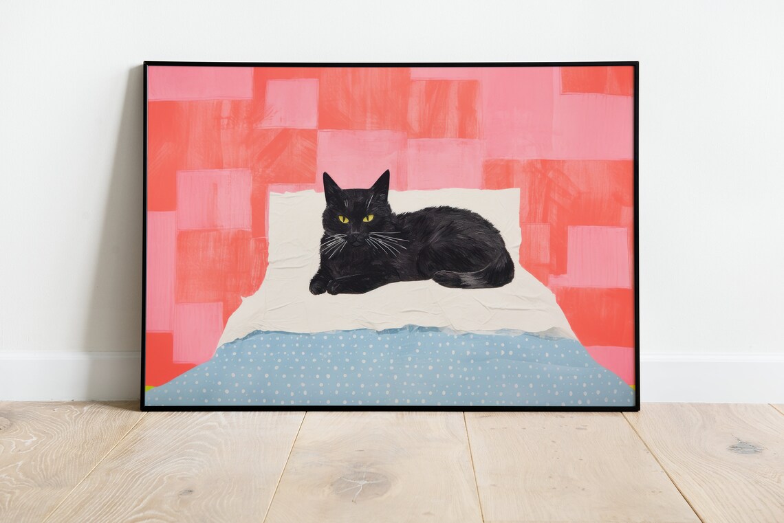 Black Cat Eclectic Wall Art, Cat Lover Gift Print