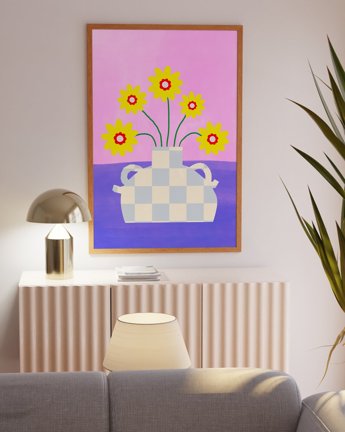 Yellow Daisies in Checkered Vase on Purple Pink Bold Floral Print - Image 2