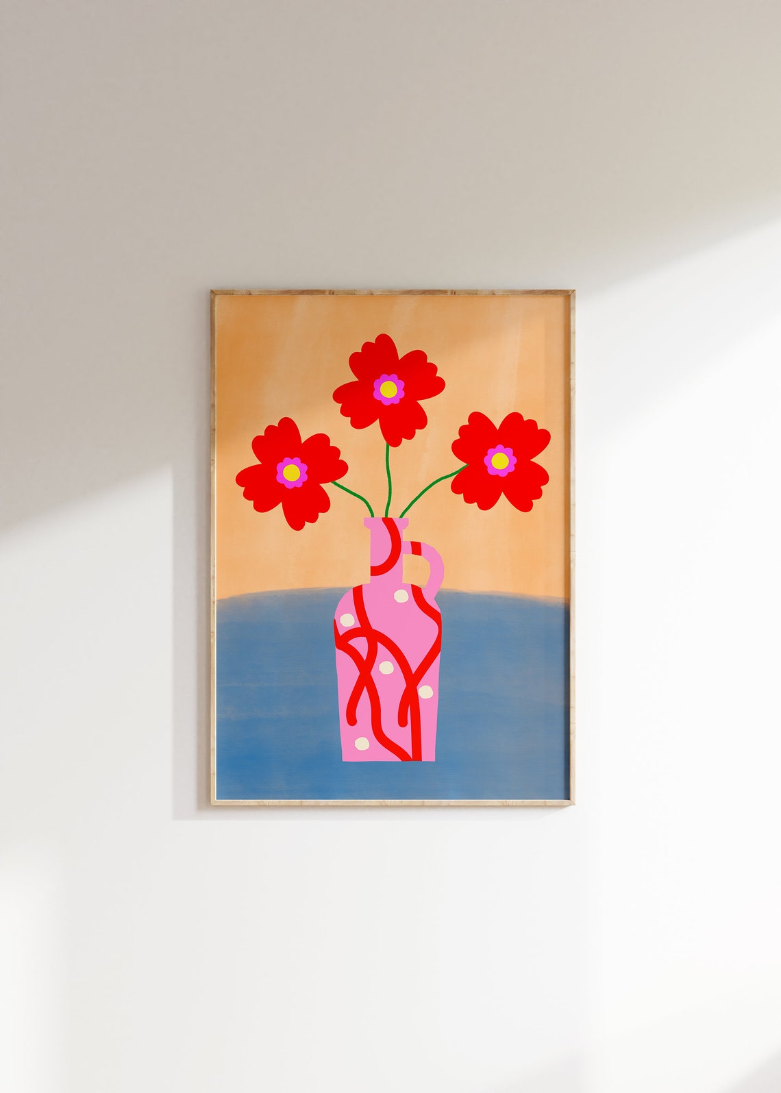 Red Cosmos Flowers in Pink Patterned Vase on Orange Blue Poster