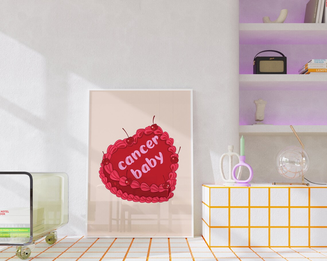 Cancer Baby Red Vintage Heart Cake Cherries Zodiac Art Print - Image 4