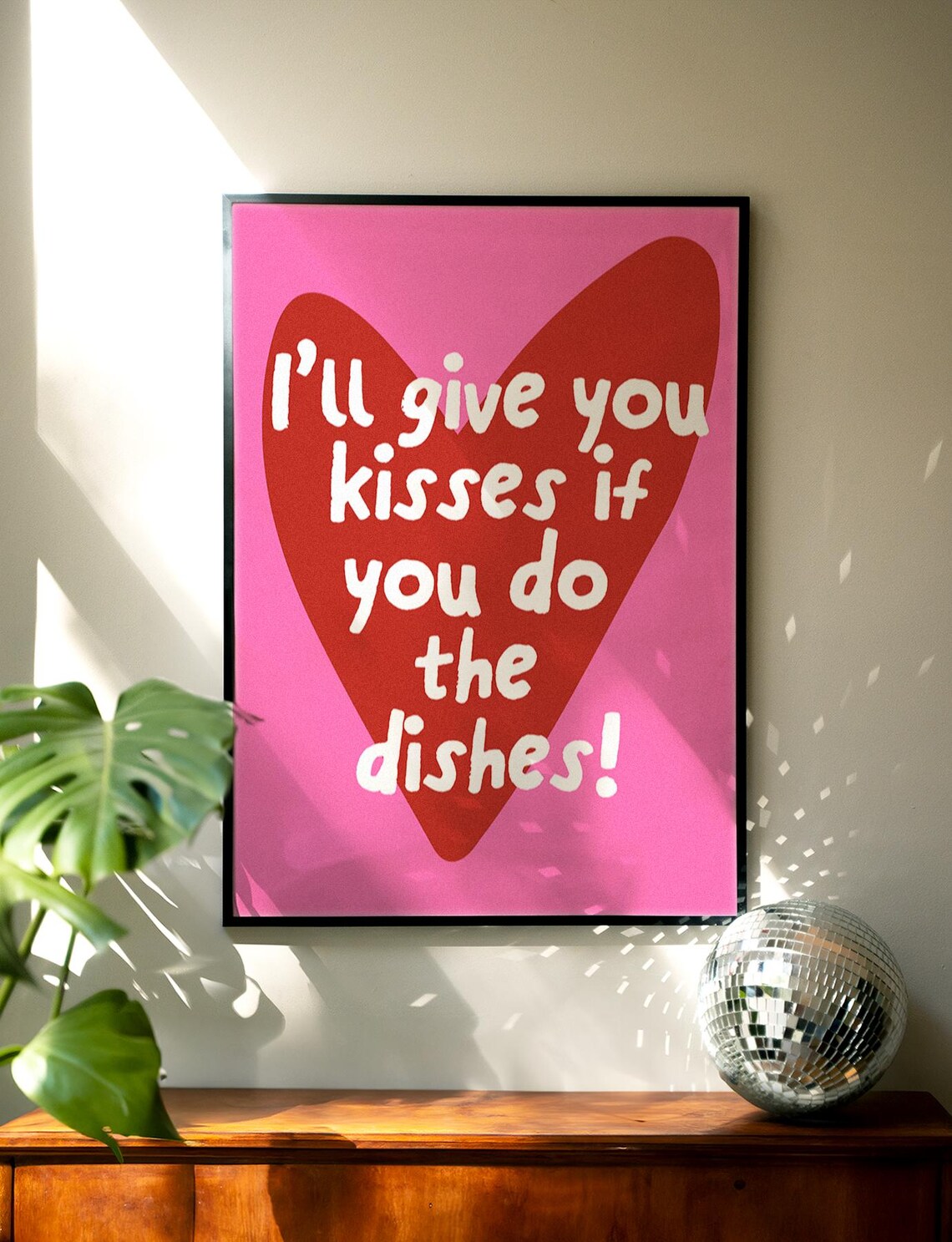 Kisses If You Do the Dishes Pink Red Heart Kitchen Humor Poster