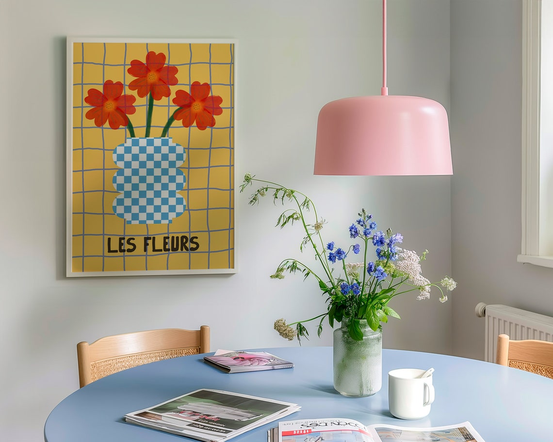 Les Fleurs Red Flowers in Checkered Vase on Yellow Grid Poster - Image 3