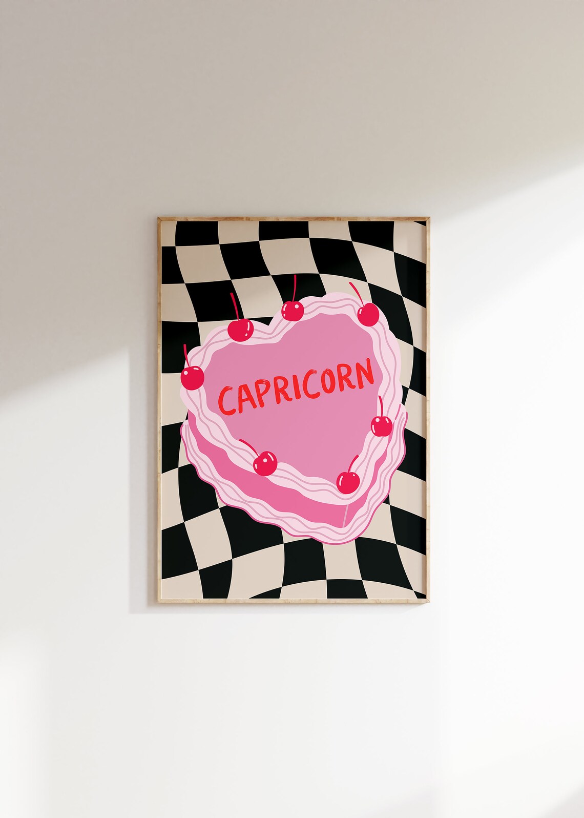 Capricorn Zodiac Sign Pink Heart Cake with Cherries Checkerboard Poster