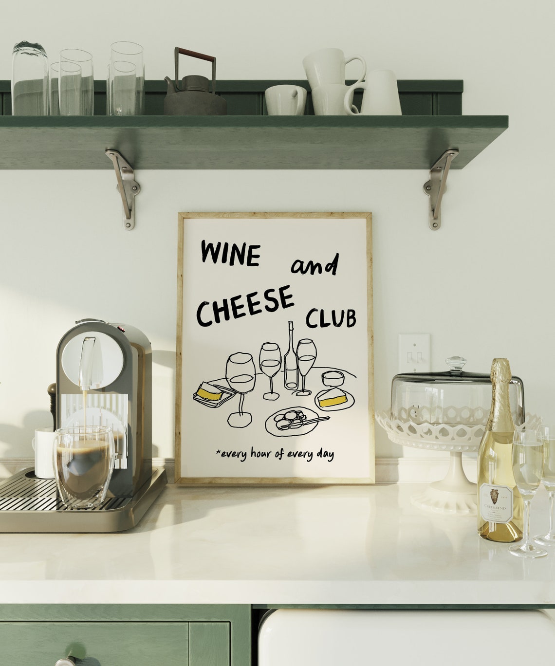 Wine And Cheese Club Funny Line Art Every Hour Quote Art Print - Image 4