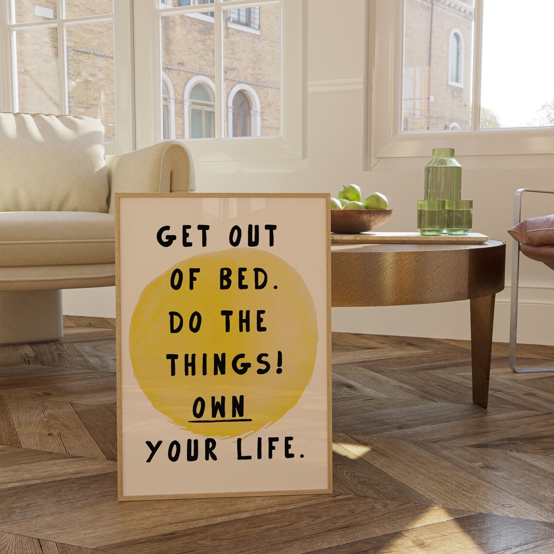 Get Out of Bed Own Your Life Yellow Circle Motivation Quote Poster - Image 4