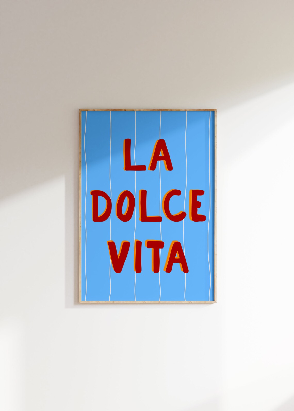 La Dolce Vita Red Lettering on Blue Striped Italian Quote Poster