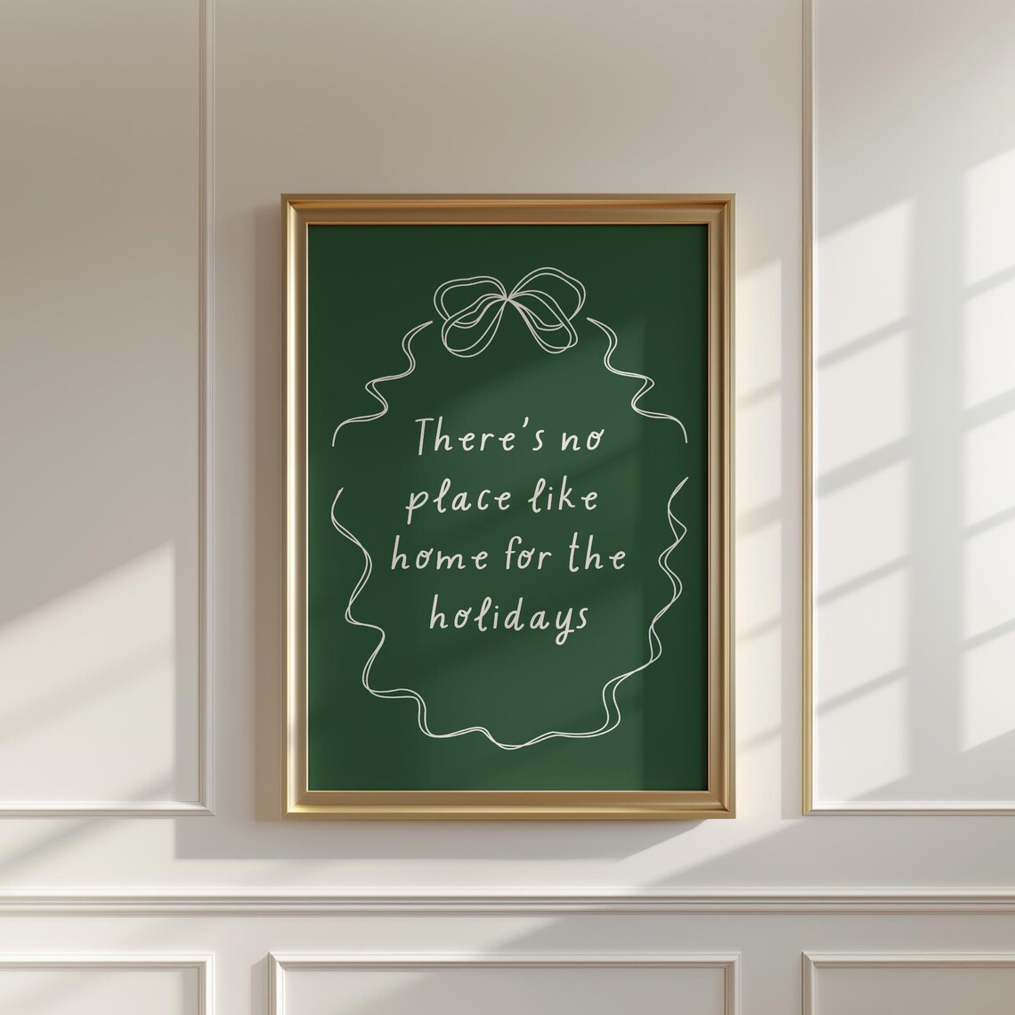 No Place Like Home for the Holidays Poster with Green Bow and Script Text