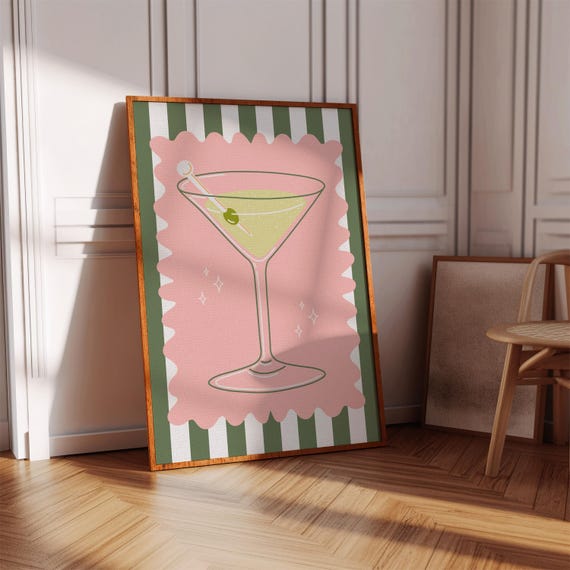 Poster In Pink And Green Trendy Bar Cart Prints Preppy Wall Art Living Room Bedroom Hanging