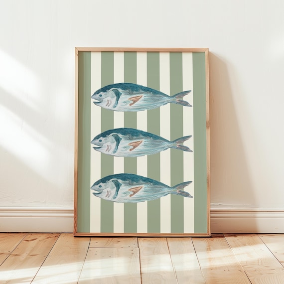 Sardine Print With Sage Green Stripes Fisherman Trendy Wall Art Decor For Bedroom Living Room Nursery Bathroom