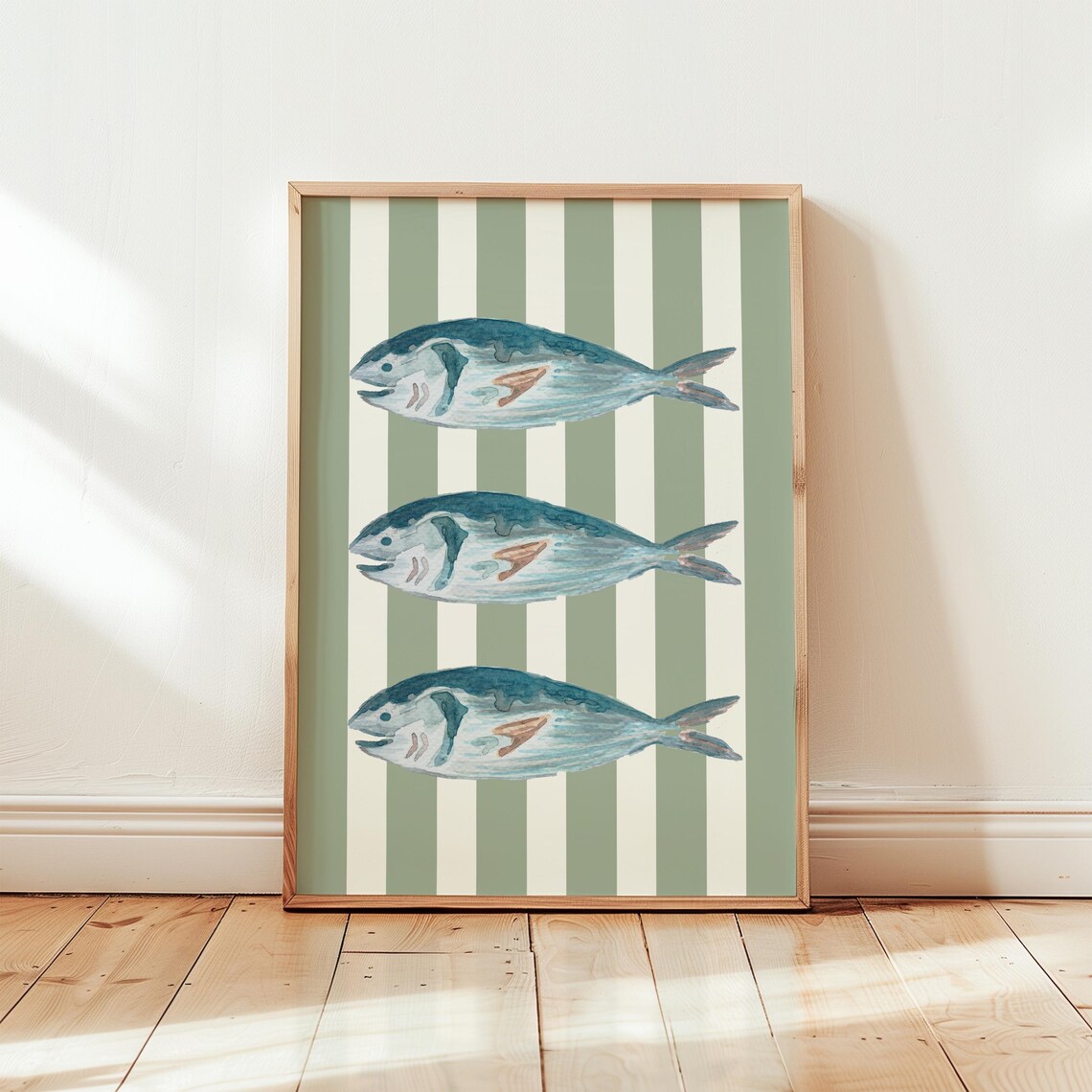 Sardine Trio Wall Art Sage Green Stripes Fisherman Coastal Decor