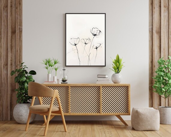 Minimalist Black Ink Poppy Flower Line Drawing Botanical Poster