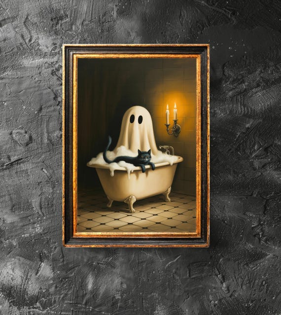 Cat In Bathtub Poster Spooky Bubblebath Art Retro Halloween Print Bathroom Decor