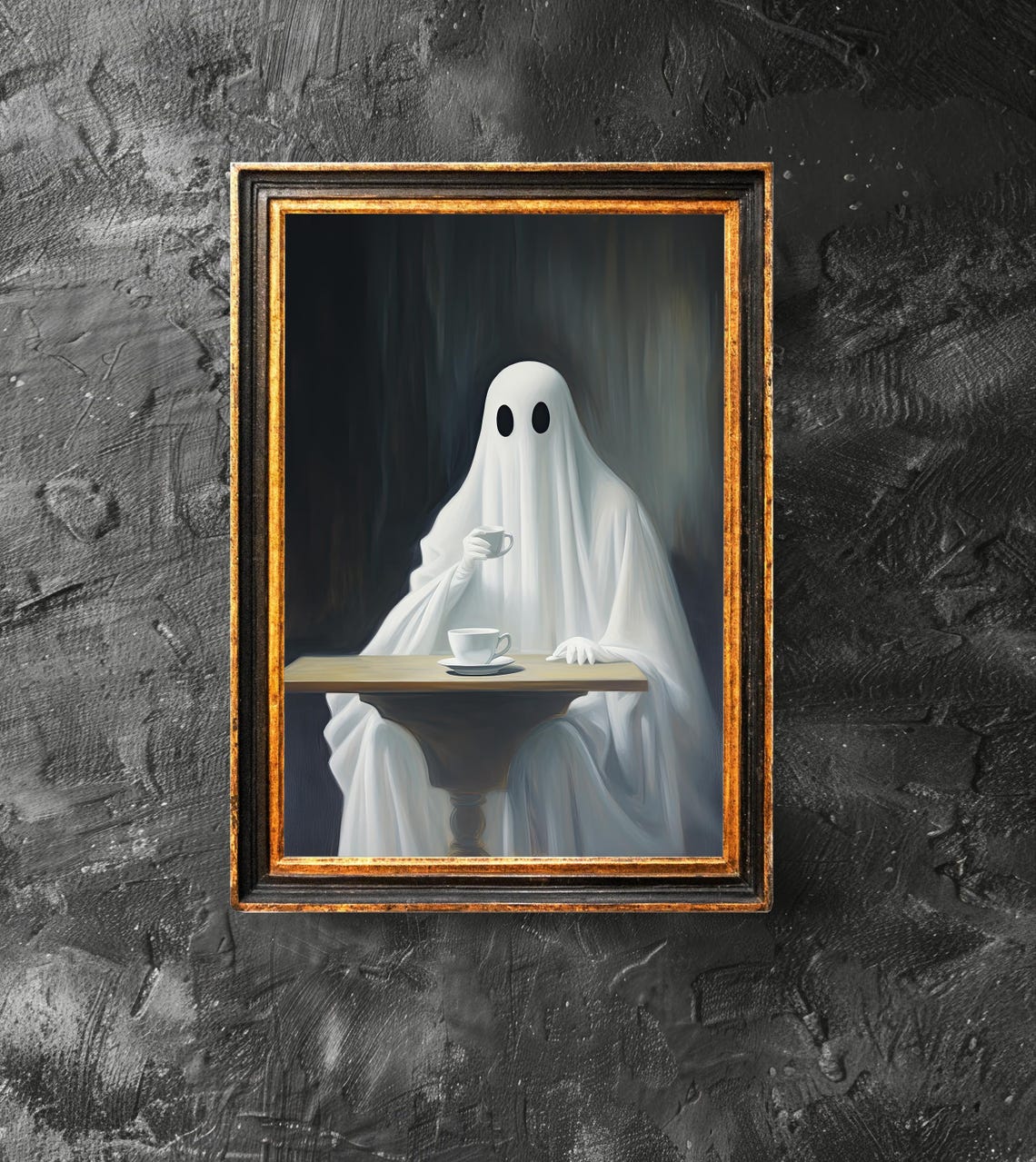 Cute Ghost Sipping Tea at Wooden Table Vintage Halloween Wall Poster