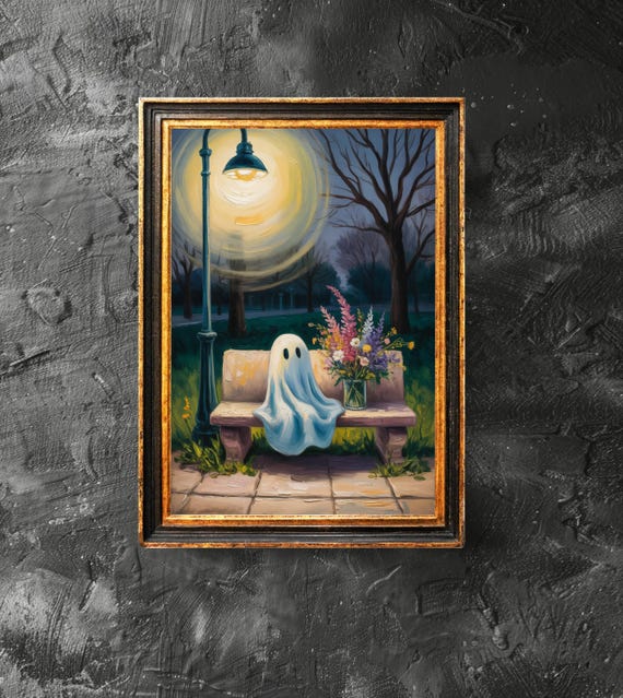With Flowers On The Bench Poster Spooky Wall Art Vintage Painting Halloween