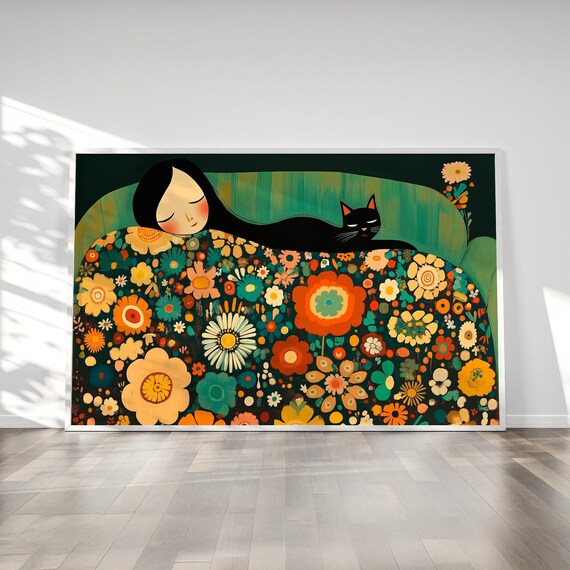 Resting Woman And Black Cat On A Colorful Floral Sofa Poster