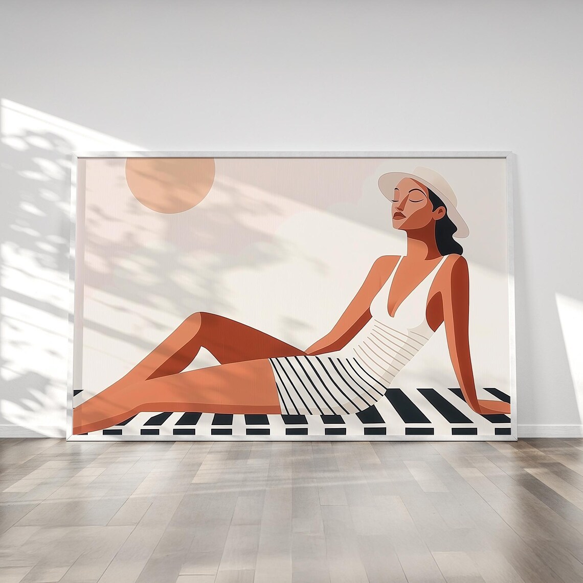 Woman Sunbathing in Striped Swimsuit Minimalist Beach Poster