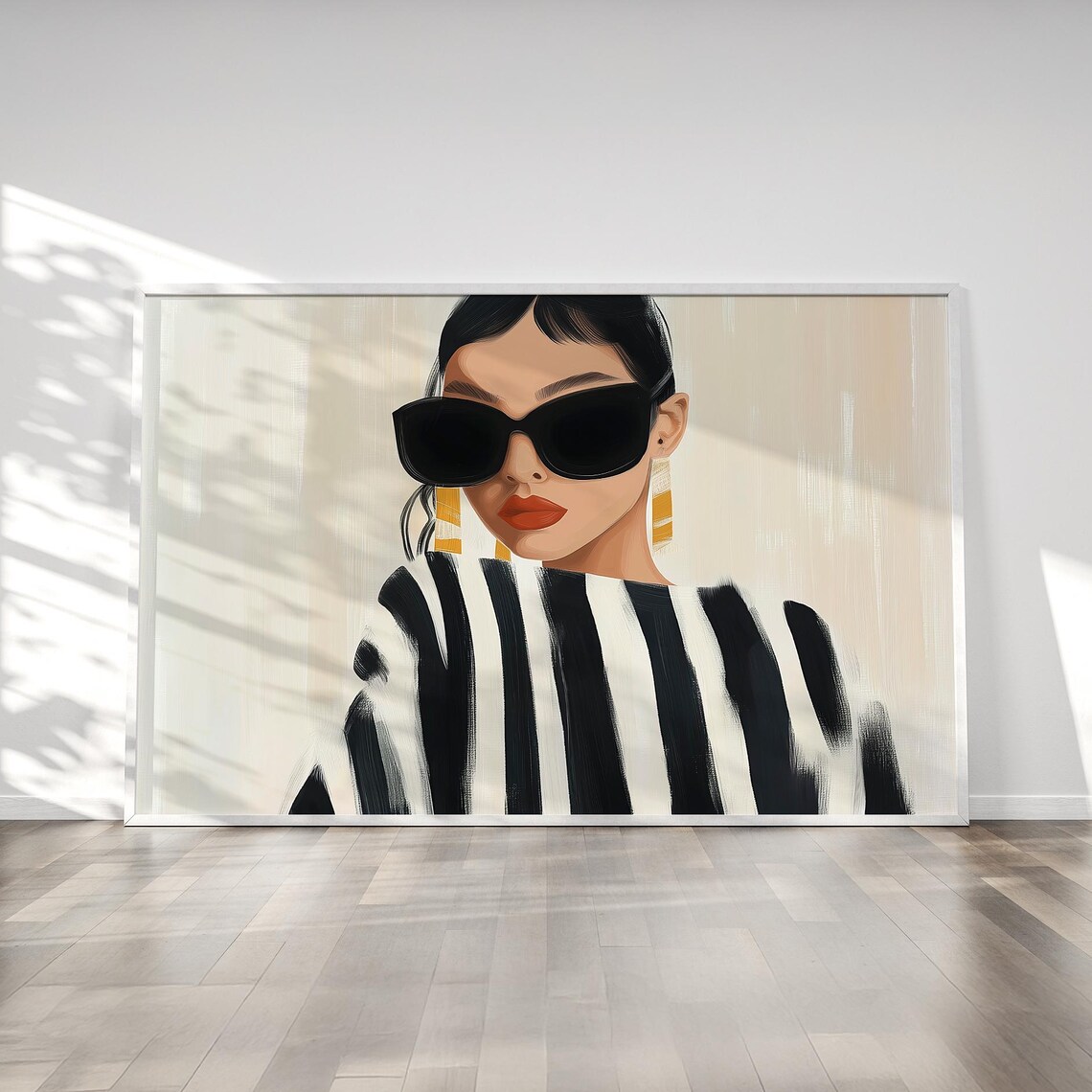 Elegant Woman In Sunglasses With Gold Earrings And Stripes Wall Art