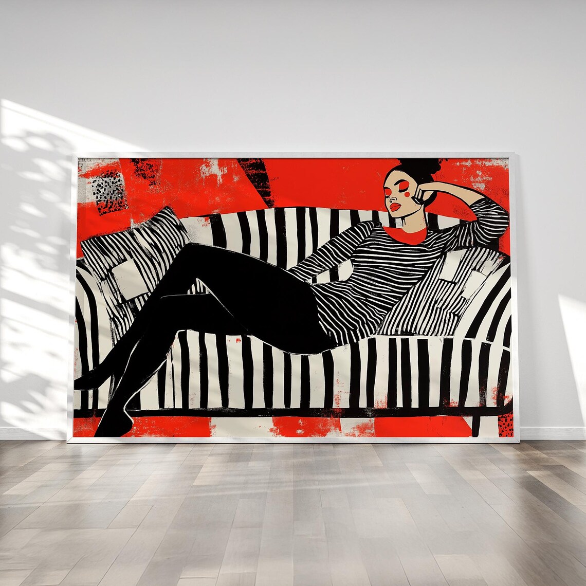 Woman Reclining on Striped Sofa Red Background Pop Art Poster