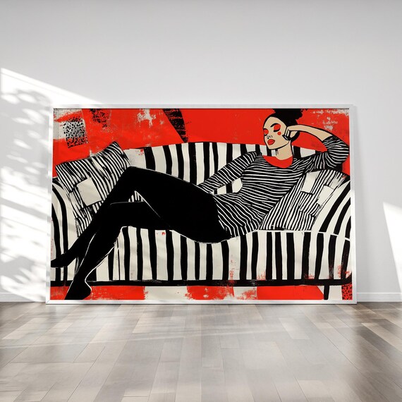 Woman Reclining on Striped Sofa Red Background Pop Art Poster
