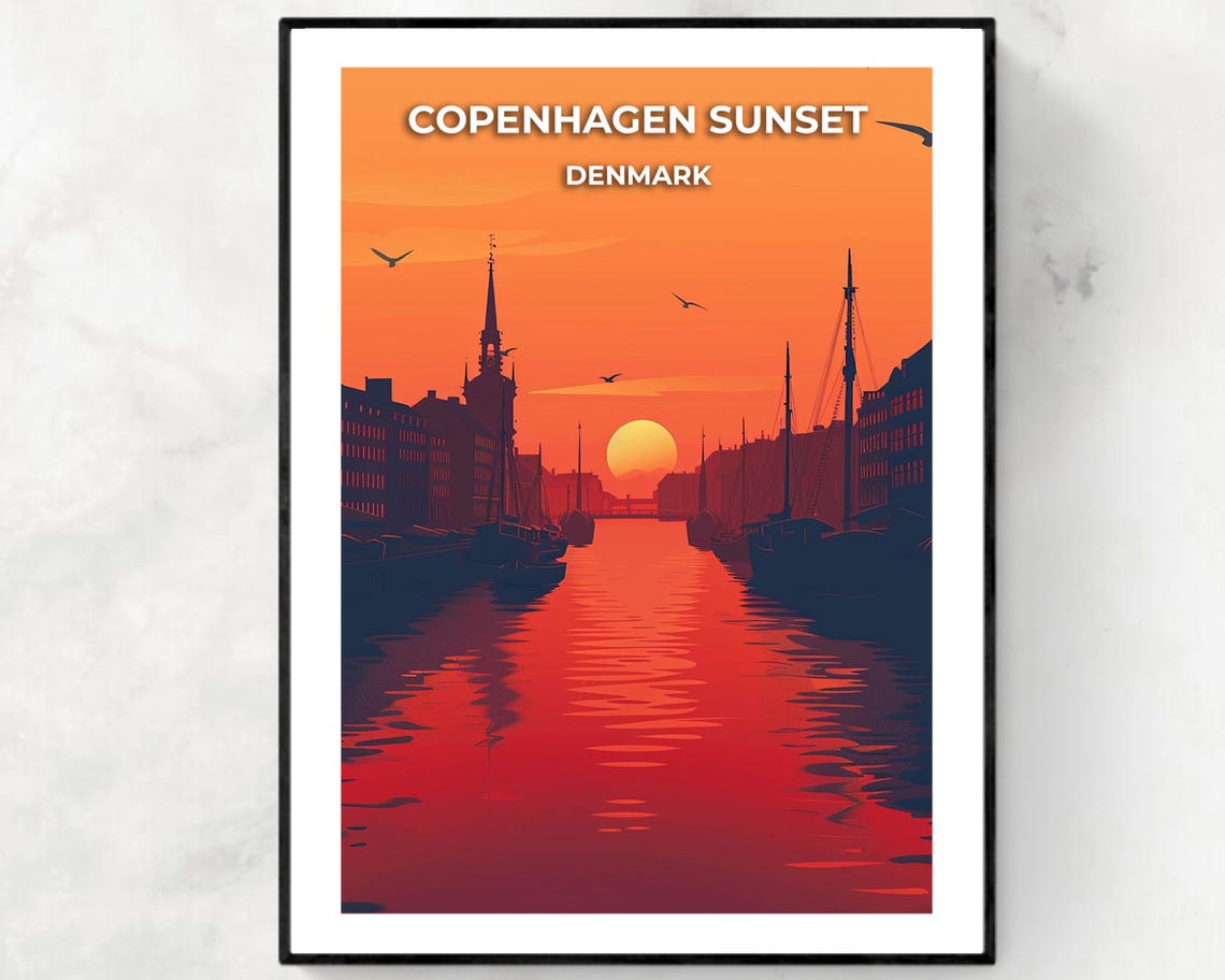 Copenhagen Sunset Denmark Harbor Canal Silhouette Travel Poster