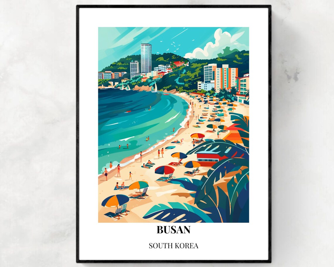Busan South Korea Tropical Bay Beach Palm Leaves Travel Poster