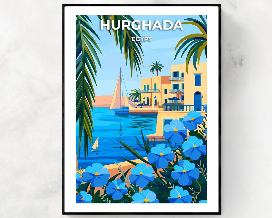 Hurghada Egypt Sailboat Marina Flowers Travel Poster for Travel Lovers