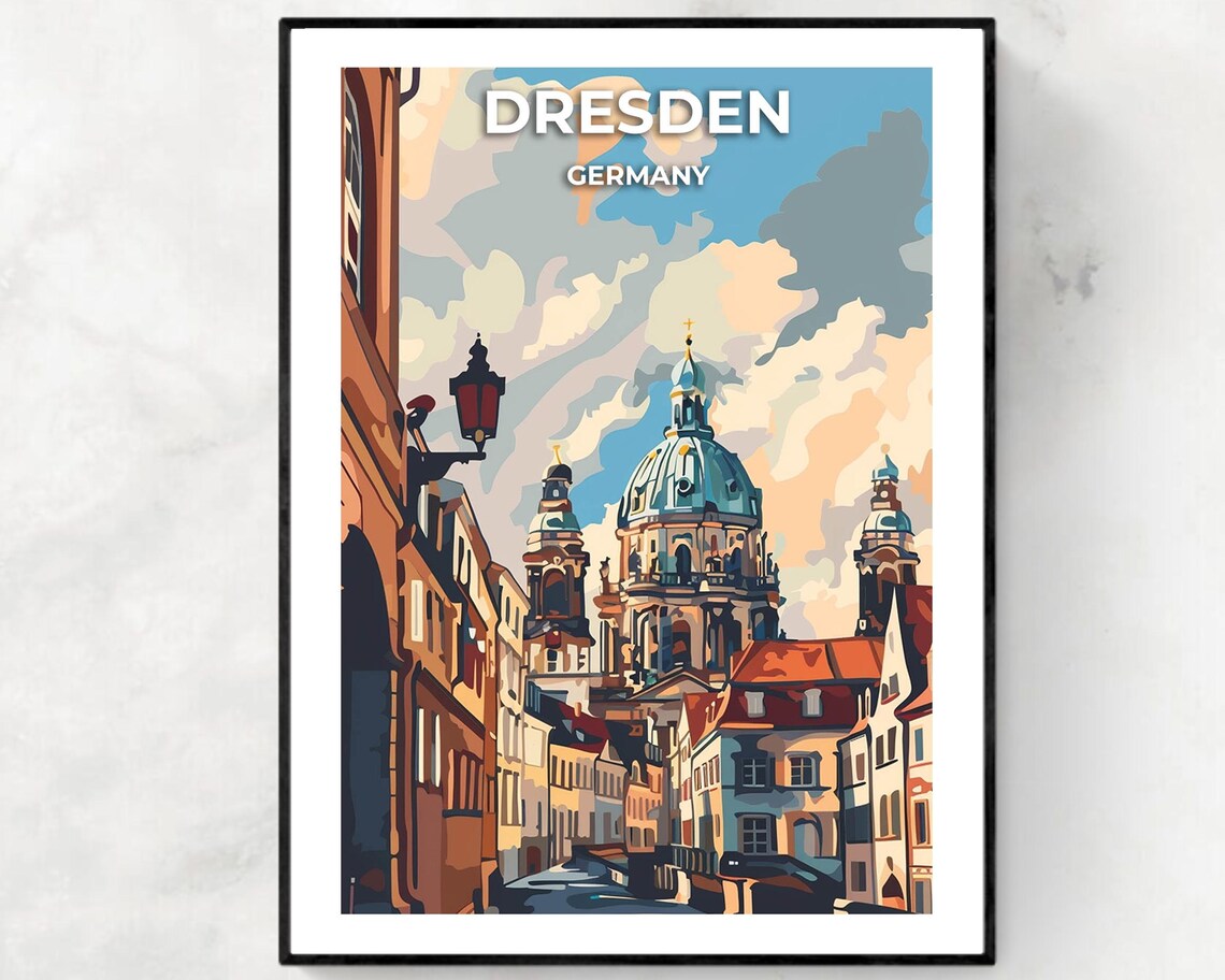 Dresden Germany Vintage Domed Cathedral Street Retro Travel Poster