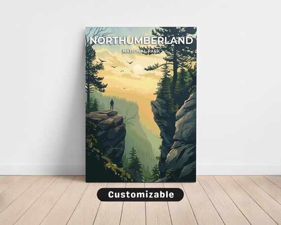 Northumberland National Park Sunset Cliff Hiker Vintage Travel Poster