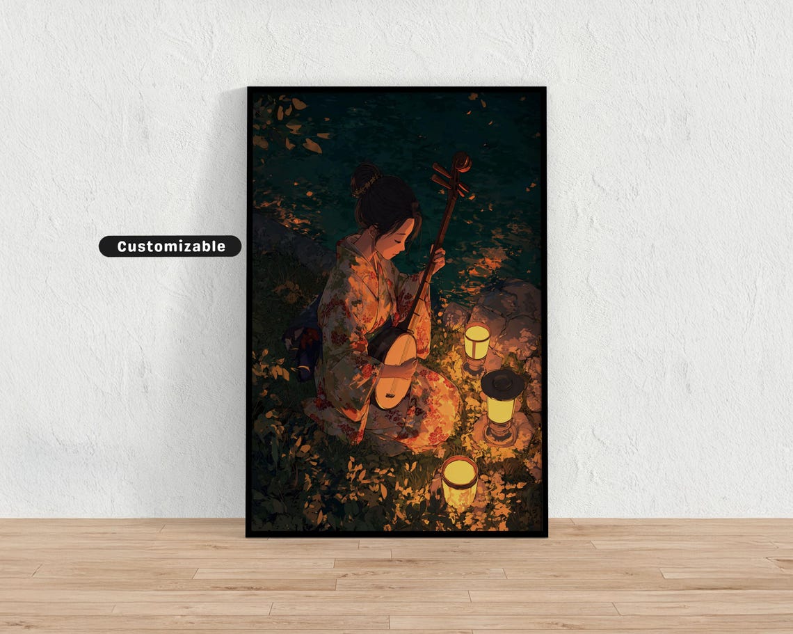 Woman In Kimono Playing Shamisen Lantern Night Japanese Poster