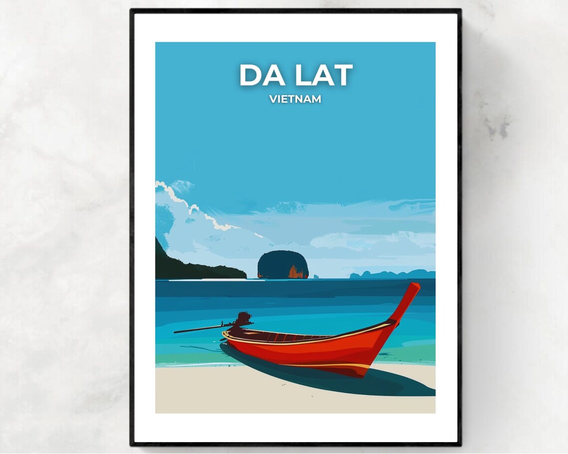 Da Lat Vietnam Tropical Beach Boat Coastal Scene Travel Poster
