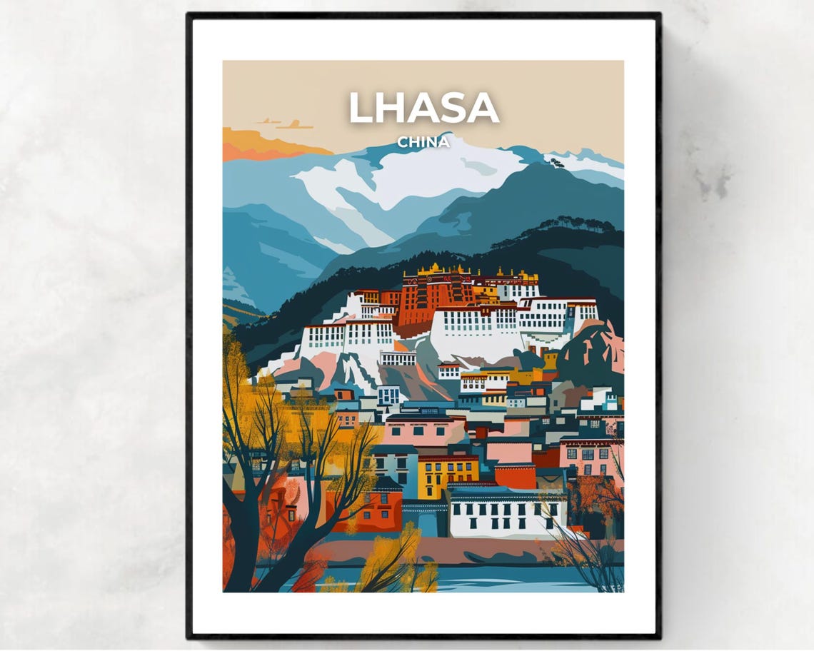 Lhasa China Potala Palace Mountains Scenic Vintage Travel Poster
