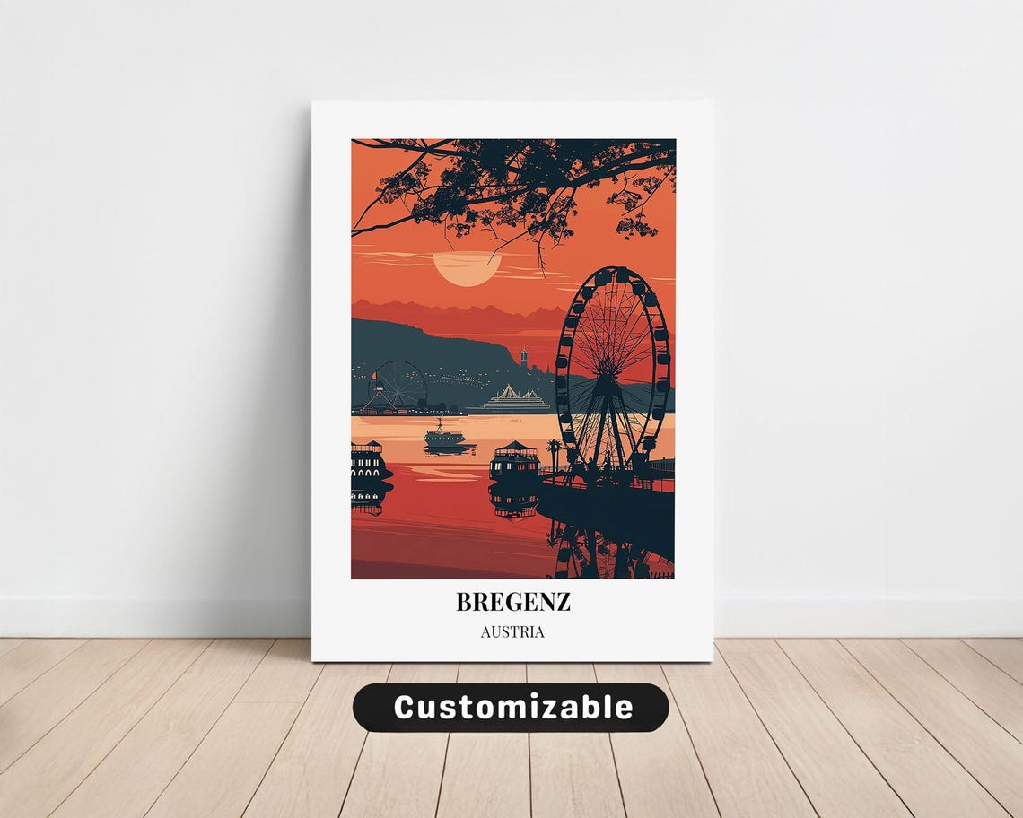 Bregenz Austria Sunset Ferris Wheel Lake Vintage Travel Poster