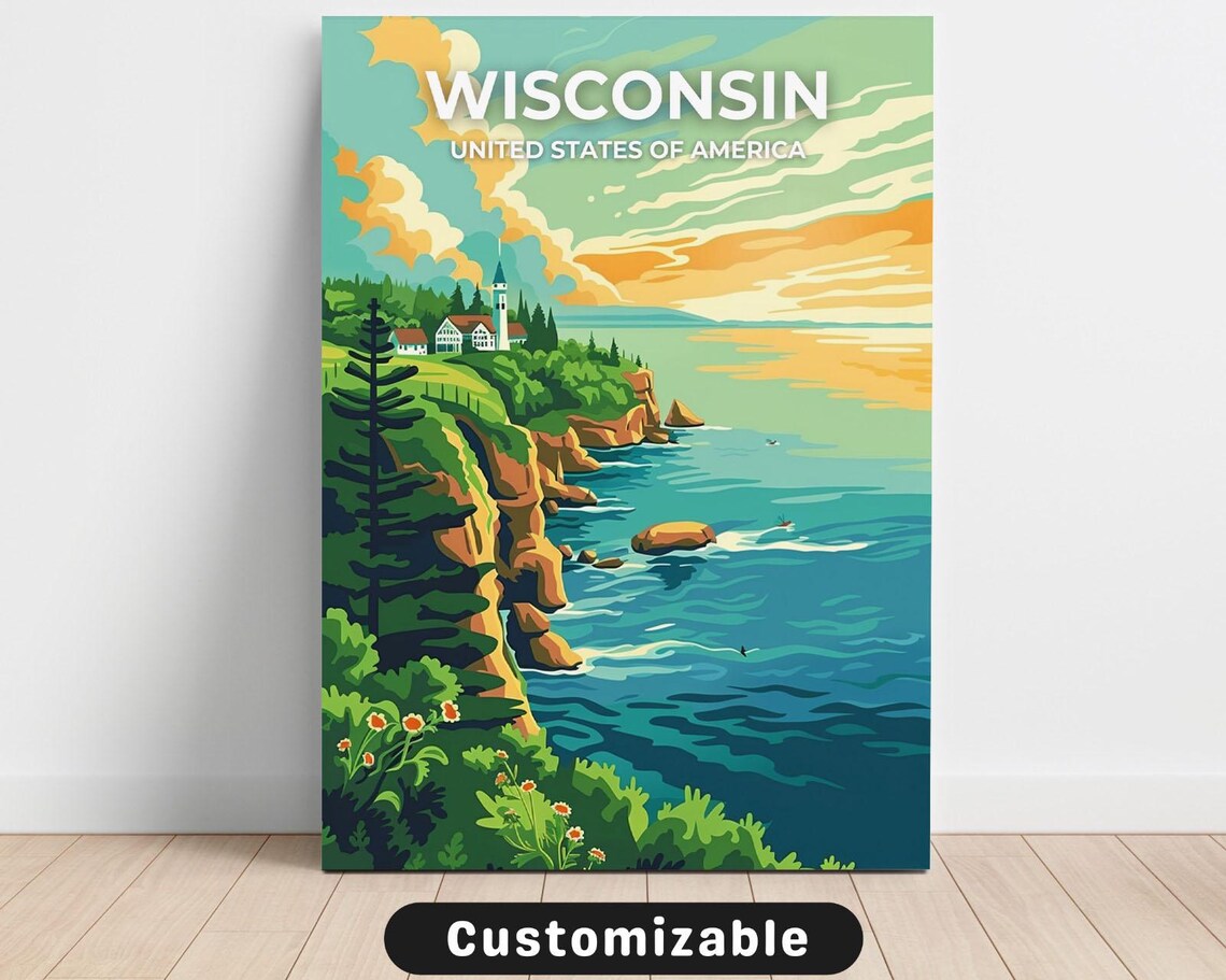 Wisconsin Lake Coast Vintage Travel Poster United States Scenic Artwork