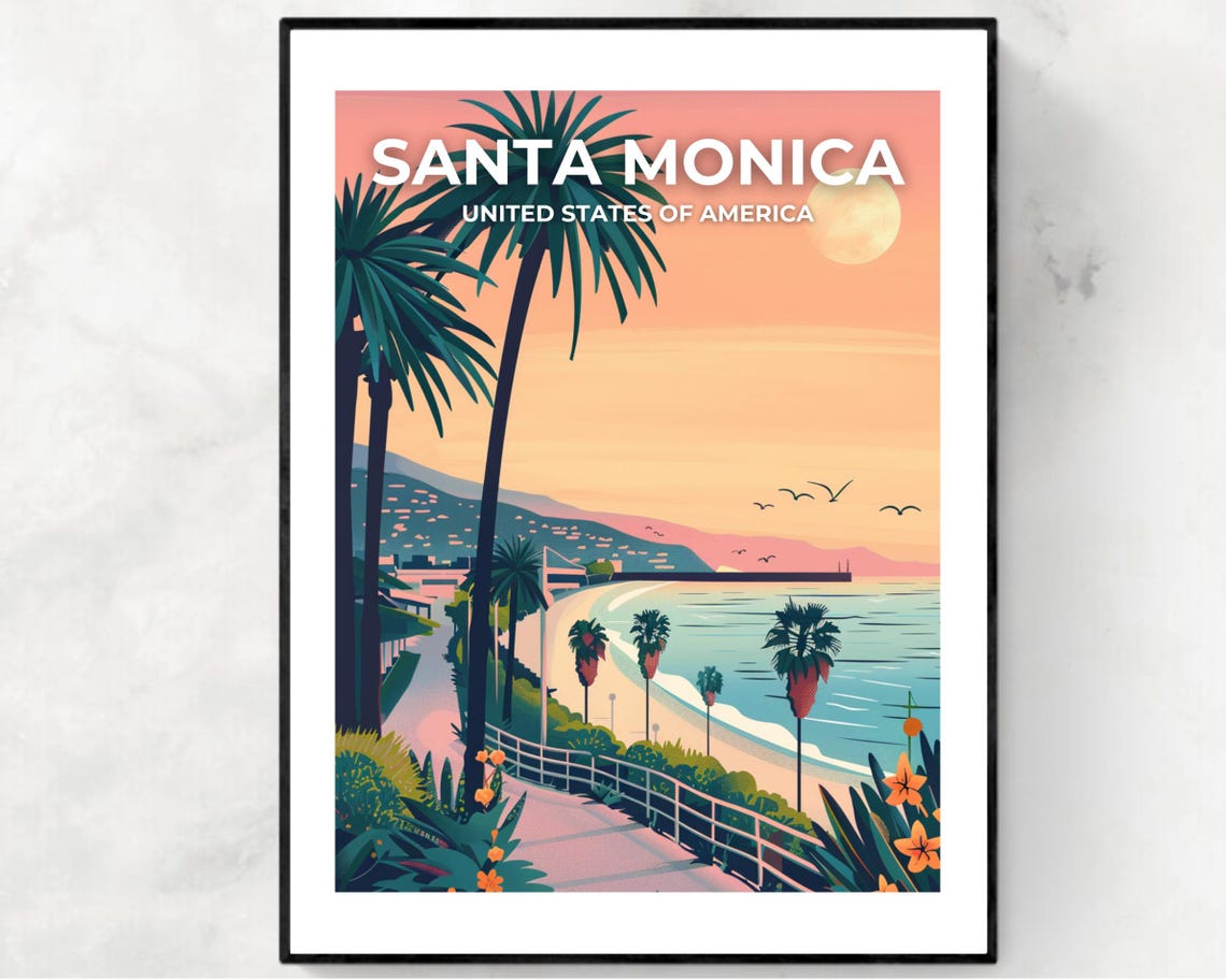 Santa Monica Beach Sunset Travel Poster With Skyline Sky Title