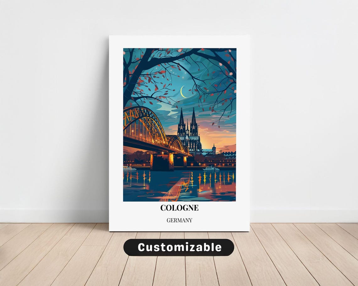 Cologne Germany Cathedral Bridge Dusk Night Cityscape Travel Poster