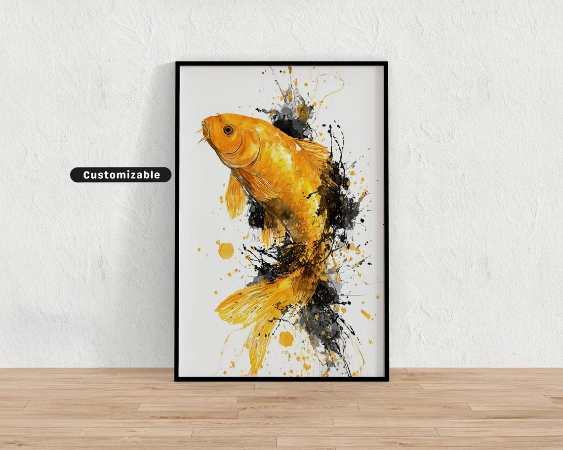 Golden Carp Jumping From River With Ink Splash Effect Japanese Wall Art Print Zen Asian Decor
