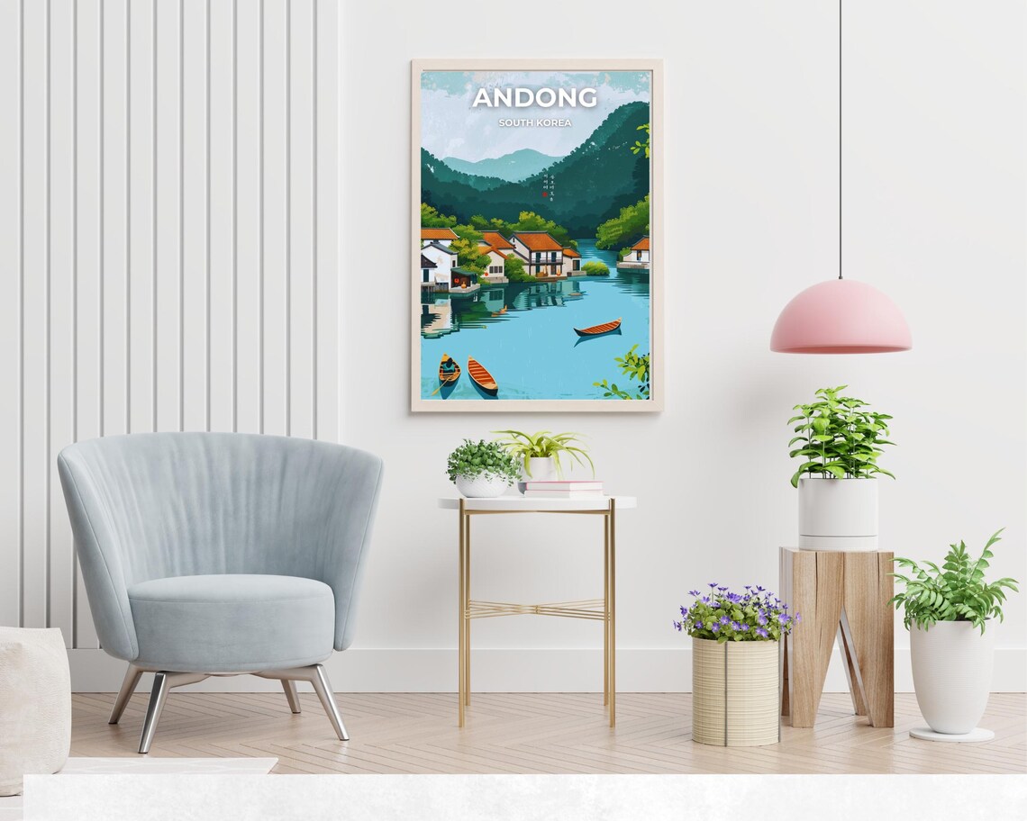 Andong South Korea Riverside Village Boats Travel Poster Gift - Image 2