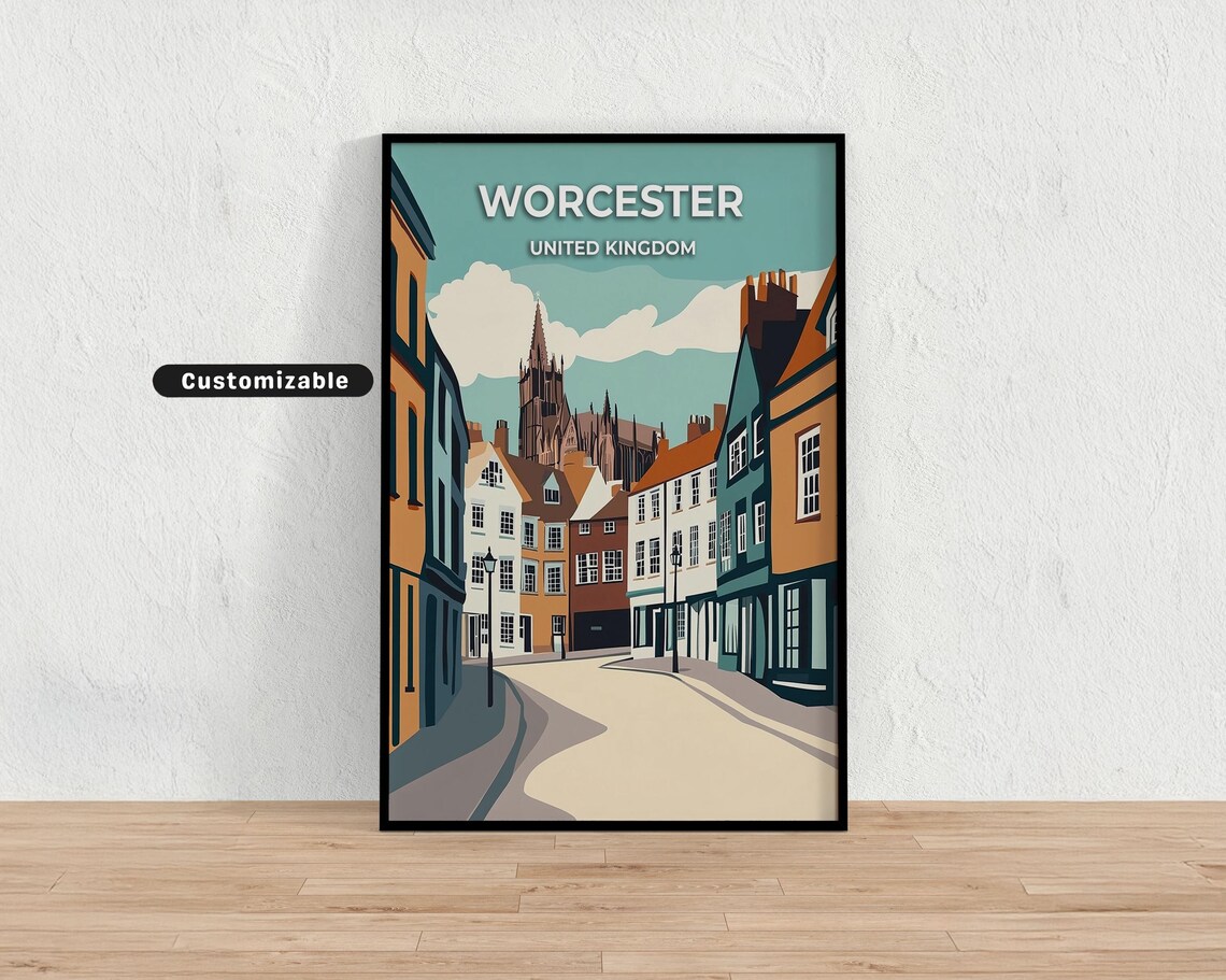 Worcester United Kingdom Cathedral Street Scene Custom Travel Poster
