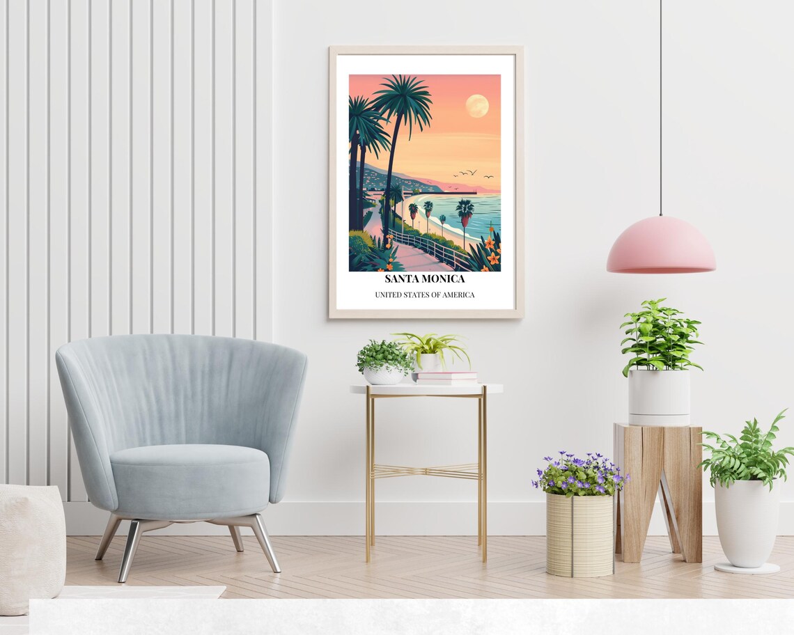 Santa Monica Beach Pier Palm Trees Sunset Scenic Travel Art Poster - Image 2