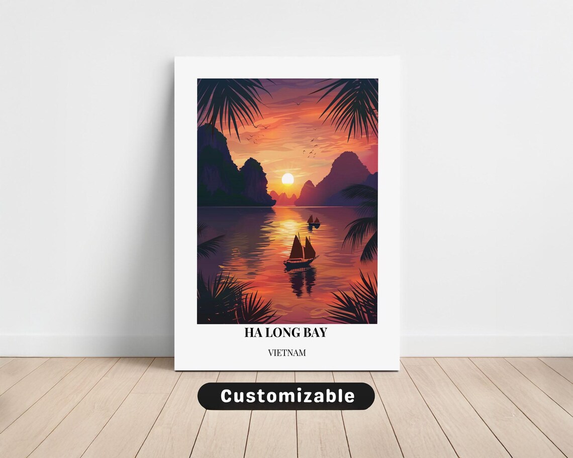 Ha Long Bay Vietnam Sunset Sail Boats Palm Framed Travel Poster