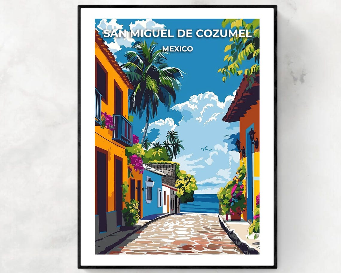 San Miguel de Cozumel Mexico Colorful Colonial Street Travel Poster