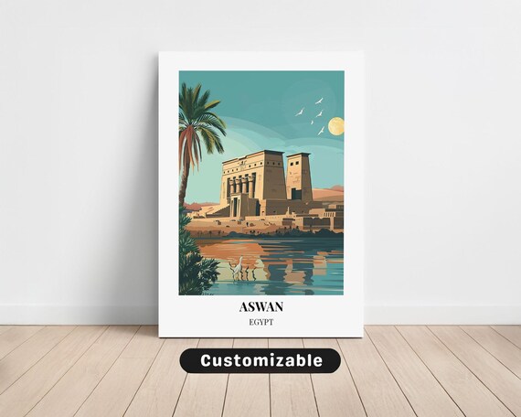 Aswan Egypt Vintage Travel Poster with Ancient Temple and Nile River View