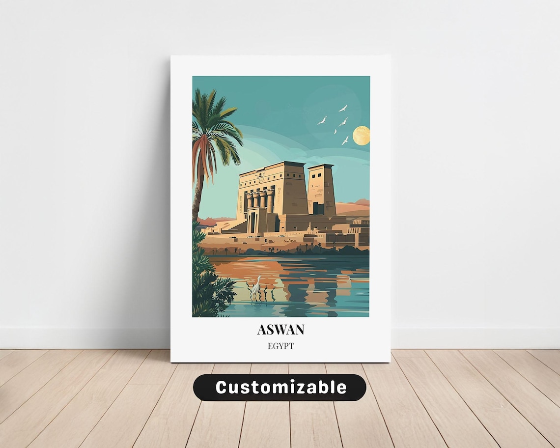 Aswan Egypt Vintage Travel Poster with Ancient Temple and Nile River View