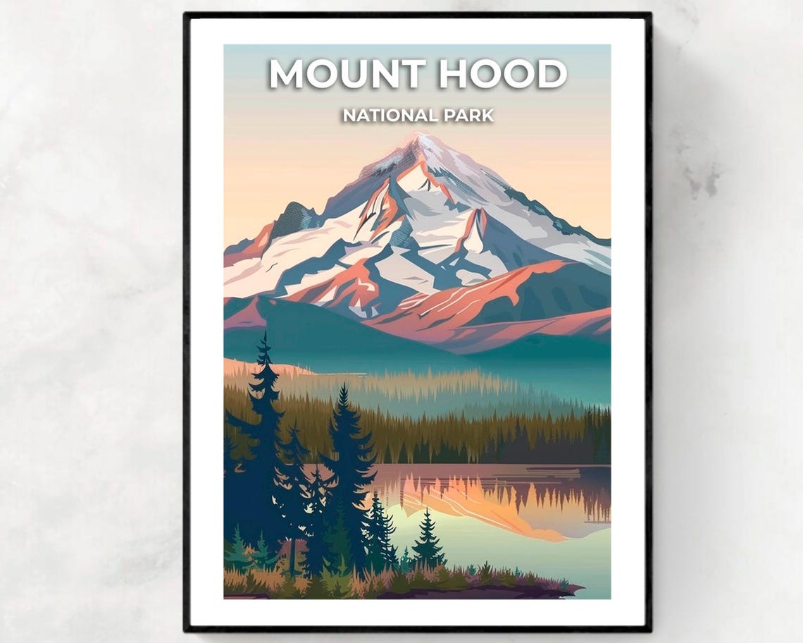 Mount Hood National Park Glowing Pink Sunset Peak Art Poster