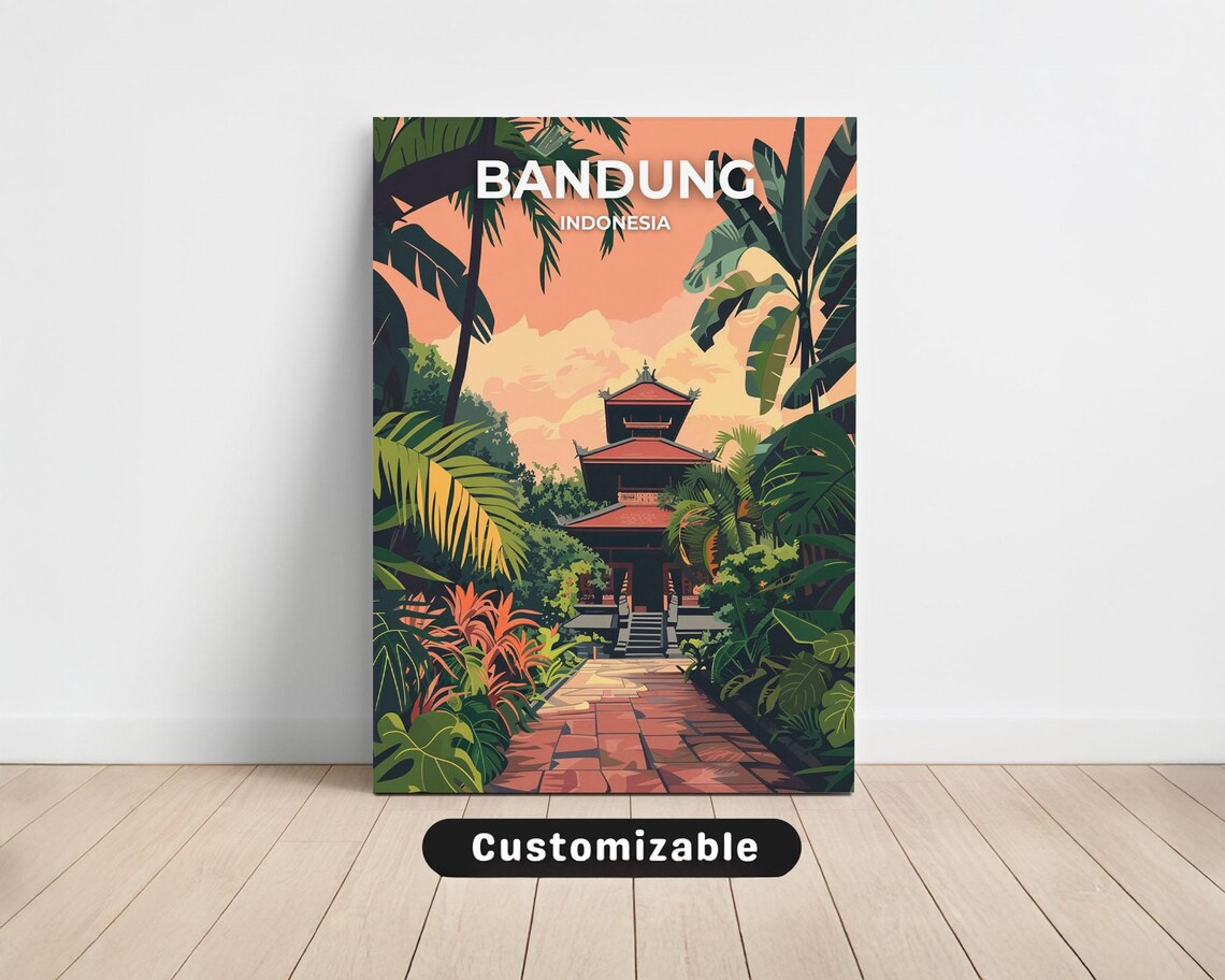 Bandung Indonesia Travel Poster Tropical Temple Sunset Jungle Scene